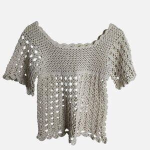 VTG Beige Women Crochet Top Hand Knit Audrey Oliver Boho Festival Lagenlook M